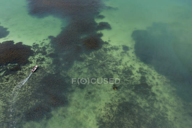 Seychelles, Isola di Praslin, Veduta aerea della barca a motore sull'oceano turchese cristallino — Foto stock