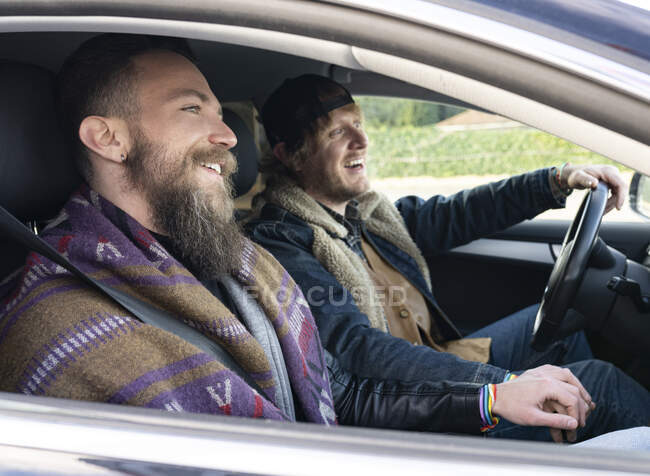 Feliz gay casal segurando mãos enquanto viajando no carro visto através de janela — Fotografia de Stock
