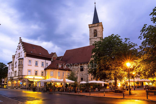 Germany, Erfurt, Wenigemarkt, old town square with St Giles church at dusk — Stock Photo