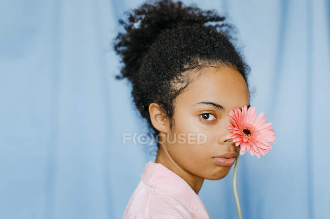 Curly haired woman covering eye with pink gerbera daisy flower —  attractive, copy space - Stock Photo | #484396508