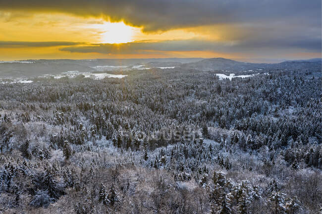 Drone view of forested Remstal valley at winter sunset — Stock Photo