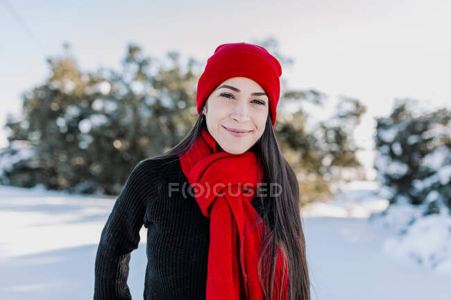 Sorrindo bela mulher desfrutando de férias no campo durante o inverno — Fotografia de Stock