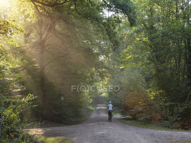 Senior motociclista feminino equitação E-bike na estrada de terra na floresta verde — Fotografia de Stock