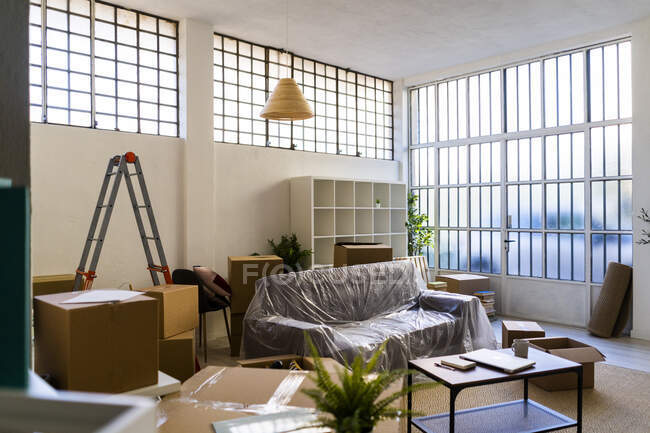 Interior de nuevo apartamento con cajas y muebles - foto de stock