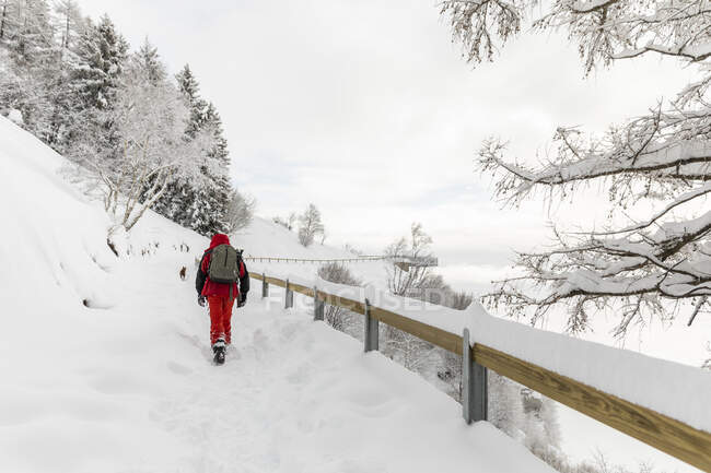 Homem caminhando no caminho da montanha nevada — Fotografia de Stock