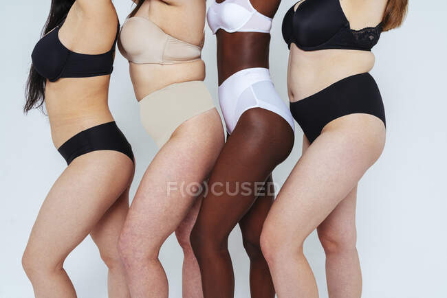 administración Elegante agenda Mujeres jóvenes con lencería de pie en una línea sobre fondo blanco — Grupo  multiétnico, negro - Stock Photo | #484412460