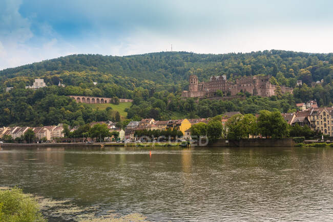 Germania, Baden-Wurttemberg, Heidelberg, Banca del Neckar con edifici storici e castello di Heidelberg sullo sfondo — Foto stock