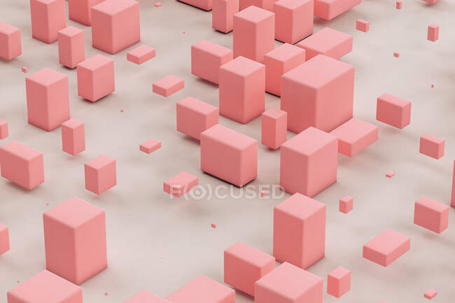 Rendimiento tridimensional de cuboides rosados flotando sobre fondo gris - foto de stock