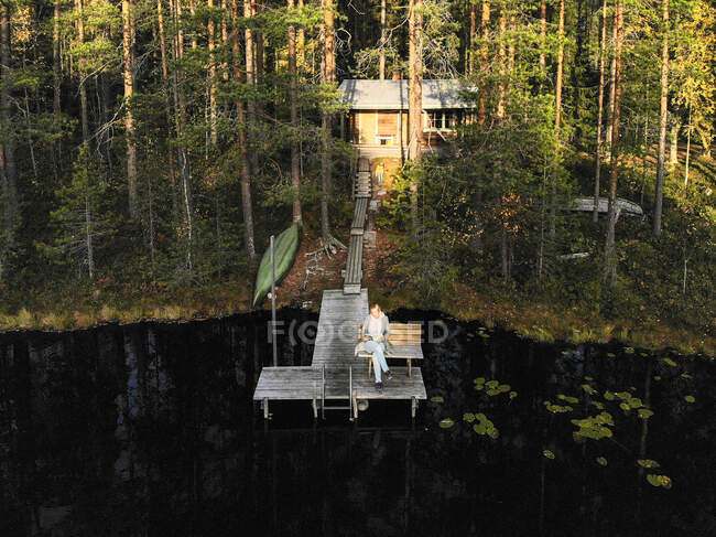 Drone colpo di donna lettura libro mentre seduto sul molo sul lago nella foresta — Foto stock
