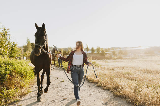 Mulheres caminhando com cavalos no caminho em meio ao campo contra o céu — Fotografia de Stock