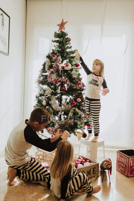 Fratello e sorelle che decorano l'albero di Natale a casa — Foto stock