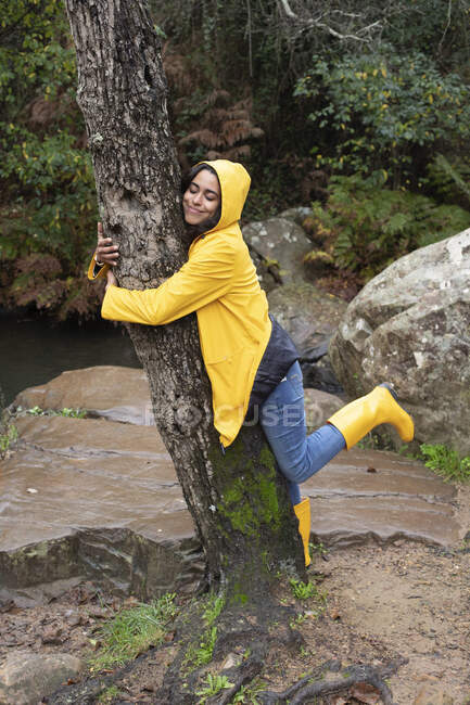 Caminhante feliz feminino vestindo capa de chuva amarela abraçando árvore na floresta — Fotografia de Stock