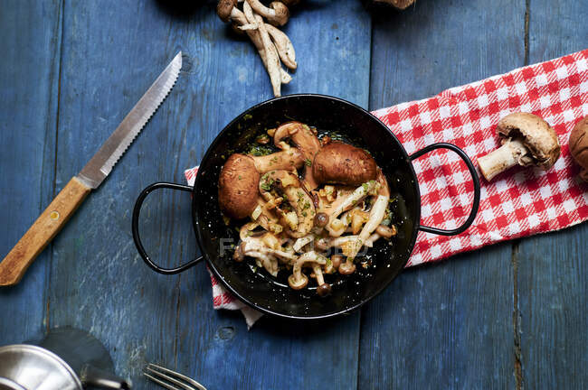 Pan of ready-to-eat cooked mushrooms — Stock Photo