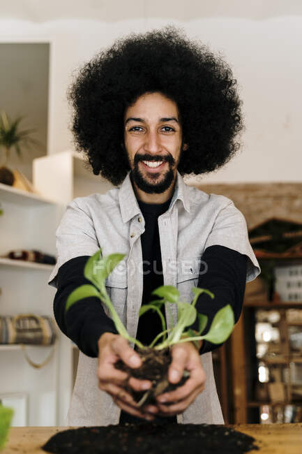 Lächelnder Mann mit Kokedama-Pflanze zu Hause — Stockfoto