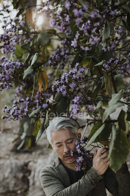 Homme mûr avec les yeux fermés à l'arbre en fleurs dans le jardin — Photo de stock