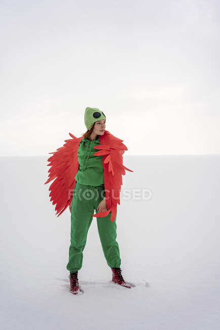 Mulher em traje de pássaro com asas olhando para longe enquanto está de pé contra o céu — Fotografia de Stock