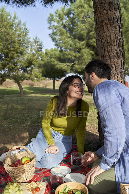 Cheerful couple having fun during picnic in park — Stock Photo