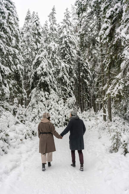 Couple tenant la main tout en marchant sur le sentier de la forêt enneigée — Photo de stock