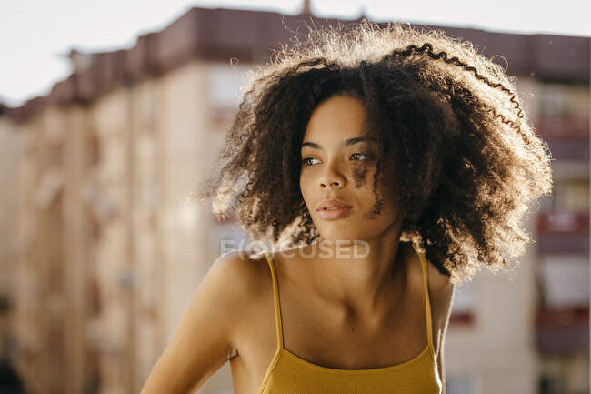 Belle femme aux cheveux noirs crépus regardant loin pendant la journée ensoleillée — Photo de stock