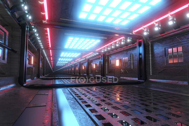 Тривимірний рендеринг футуристичного коридору всередині космічного корабля або космічної станції — стокове фото