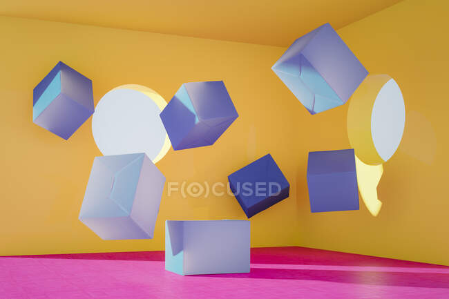 Representación 3D, Cajas azules flotando en habitación amarilla con piso rosa - foto de stock