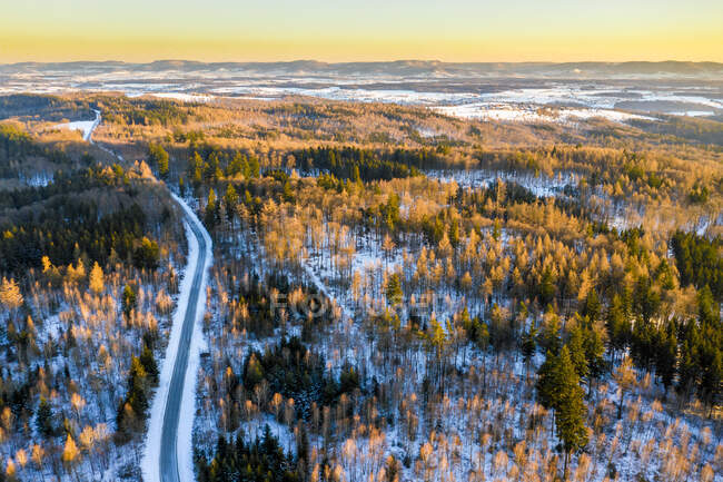 Allemagne, Baden Wurttemberg, Vue aérienne de la forêt souabe en hiver au lever du soleil — Photo de stock