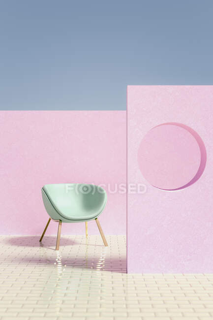Resa tridimensionale del foro circolare in parete rosa che circonda la sedia vuota — Foto stock