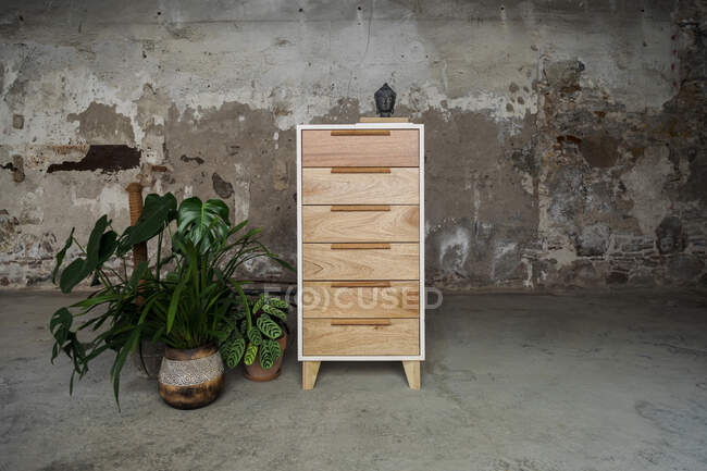 Wooden cabinet standing in bare empty room — Stock Photo
