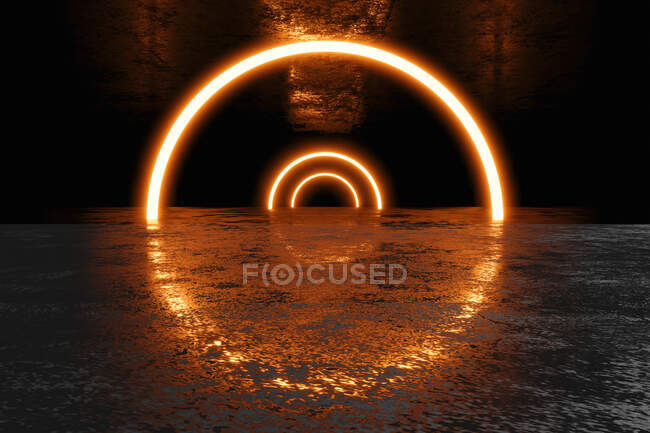 Three dimensional render of dark environment illuminated by red glowing arches — Stock Photo
