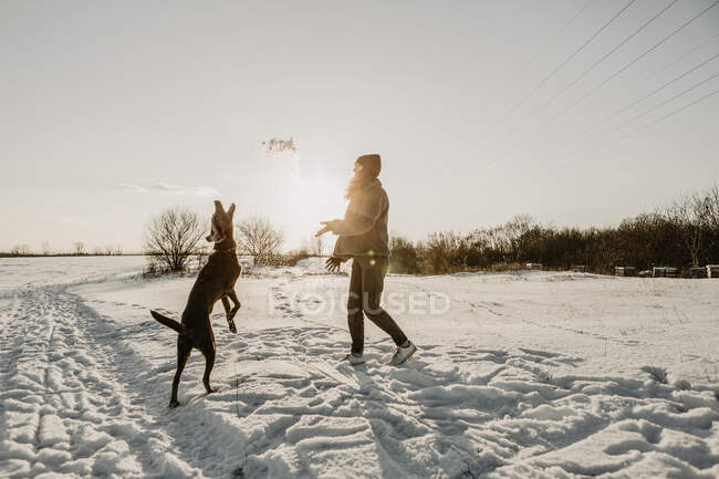 Teenagermädchen spielt bei Wintersonnenaufgang mit Hund im Schnee — Stockfoto