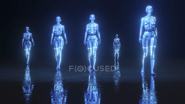 Resa tridimensionale di ginecologi futuristici che camminano in un ambiente oscuro — Foto stock