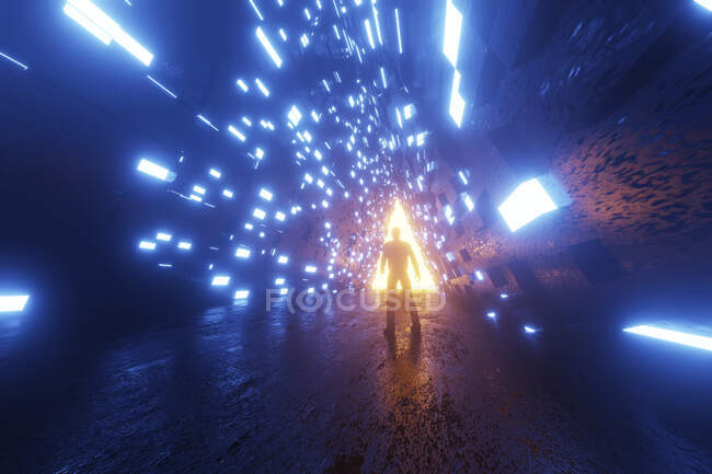 Renderização tridimensional da silhueta do homem em pé na frente do portal em forma de triângulo brilhando no final do corredor futurista — Fotografia de Stock