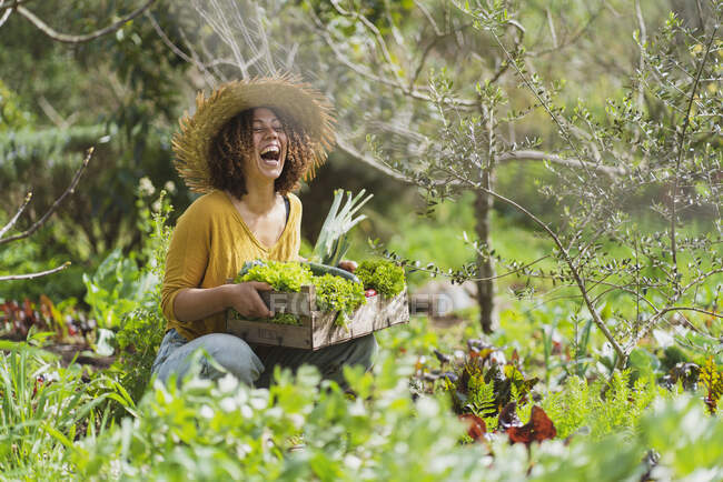 Femme riante tenant la caisse de légumes verts tout en squattant dans le jardin — Photo de stock