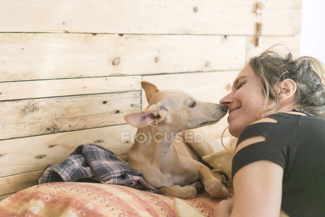 Mulher sorridente com cão Greyhound deitado na cama — Fotografia de Stock