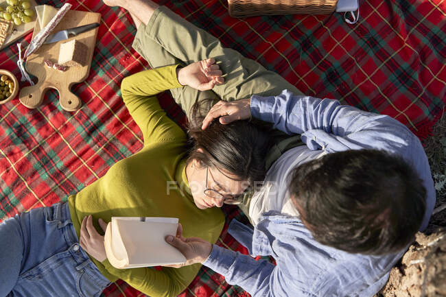 Woman lying on boyfriend's lap during picnic — Stock Photo