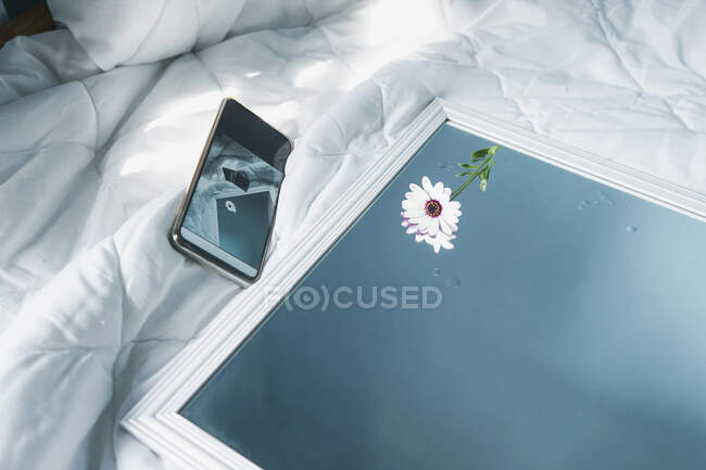 Розумний телефон, одиночна мартишка і дзеркало лежали на білому дуветі. — стокове фото