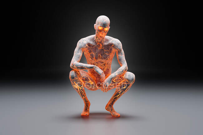 3D illustration of crouching character made out of concrete and flowing fire energy — Stock Photo