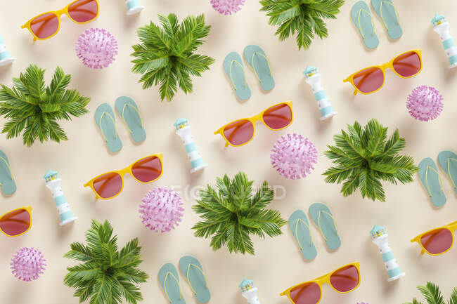 Three dimensional pattern of palm trees, sunglasses, flip-flops, lighthouses and COVID-19 cells — Stock Photo