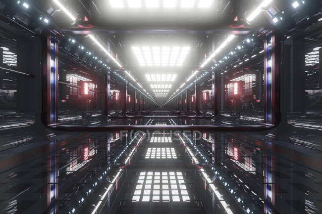 Трехмерный рендеринг футуристического коридора внутри космического корабля или космической станции — стоковое фото