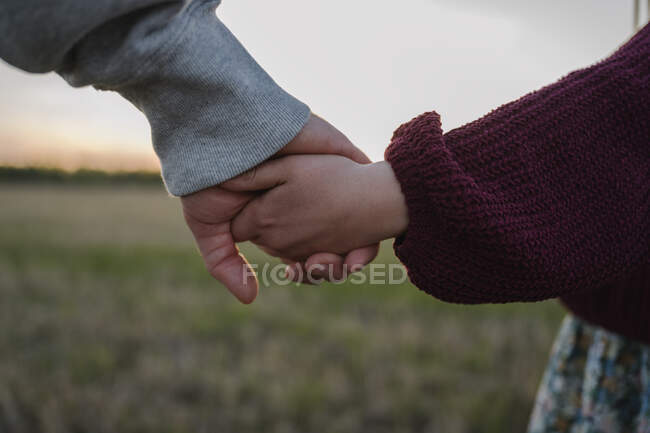 Fille et père tenant la main dans le champ pendant le coucher du soleil — Photo de stock