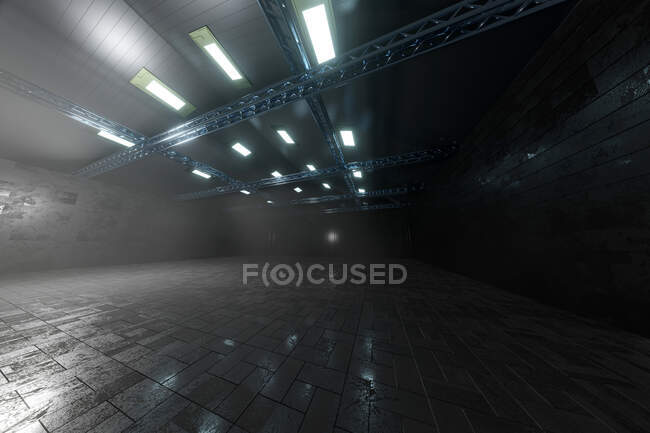 Rendering tridimensionale di magazzino vuoto buio — Foto stock