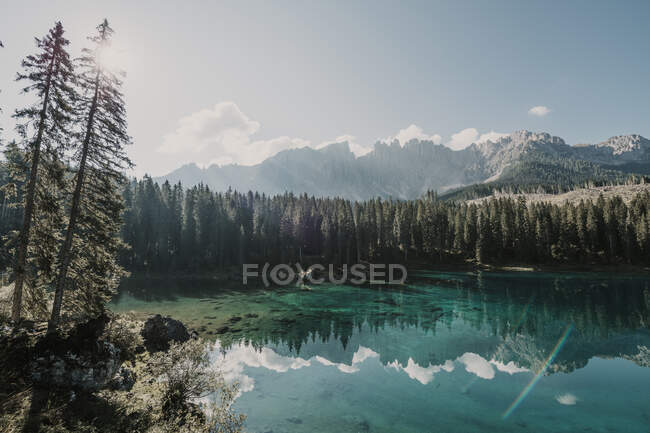 Lac Carezza par les arbres pendant la journée ensoleillée au Tyrol du Sud, Italie — Photo de stock
