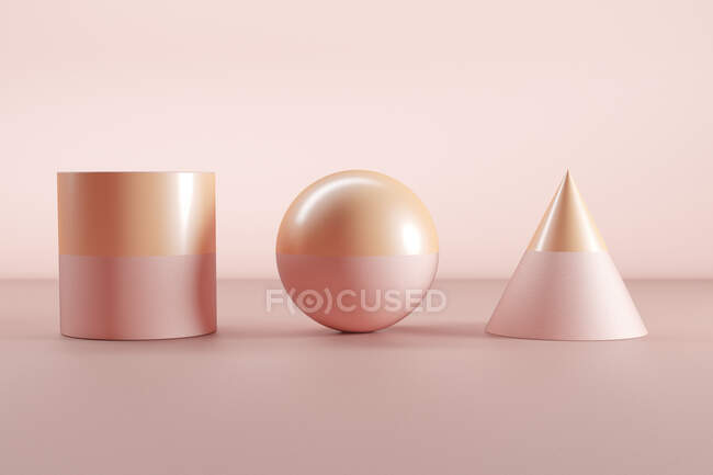 Тривимірний рендеринг рожевої та оранжевої сфери, конуса та циліндра. — стокове фото