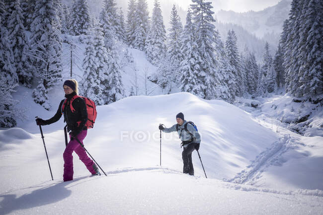 Mulher adulta média esquiar em turnê com o homem durante o dia ensolarado — Fotografia de Stock