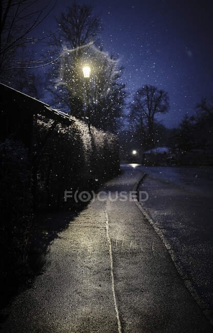 Luz de rua iluminando calçada vazia na noite de inverno — Fotografia de Stock