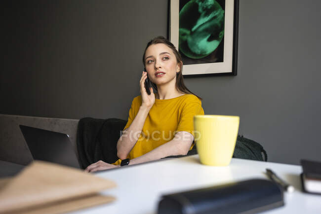 Mujer joven con portátil hablando en el teléfono móvil en la sala de estar - foto de stock