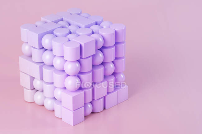 3D illustration of pink and purple cube arrangement out of different geometric shapes — Stock Photo