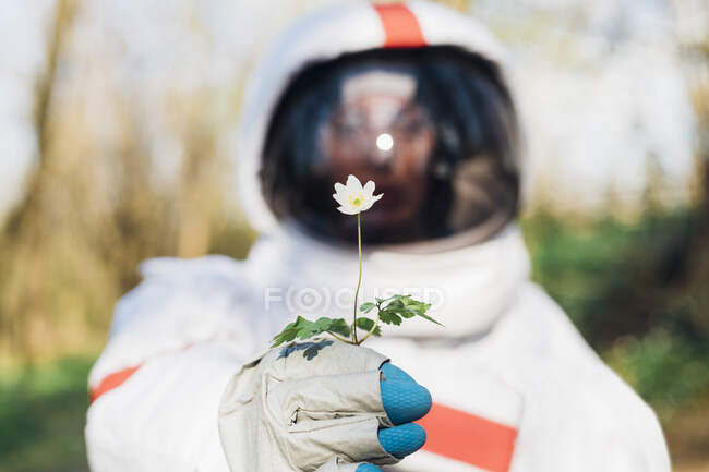 Junge Astronautin hält Blume im Wald — Stockfoto