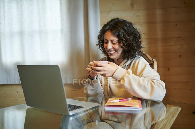 Donna felice che prende il tè davanti al computer portatile a casa — Foto stock