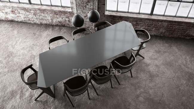 Three dimensional render of modern dining table inside industrial loft — Stock Photo